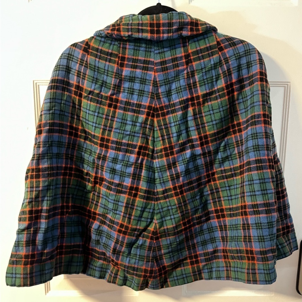 Vintage Wool Tartan Plaid Cape Button Closure Purple Lining Swing Shape S-XL - Picture 5 of 8